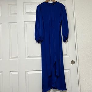 Elegant royal blue satin maxi dress.